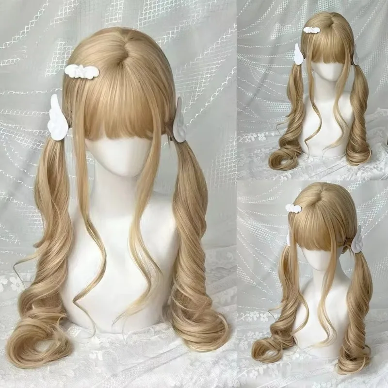Double Ponytail Lolita Wig with Bangs Princess Roll Synthetic Wig Women Role Play Halloween Harajuku Heat Resistant