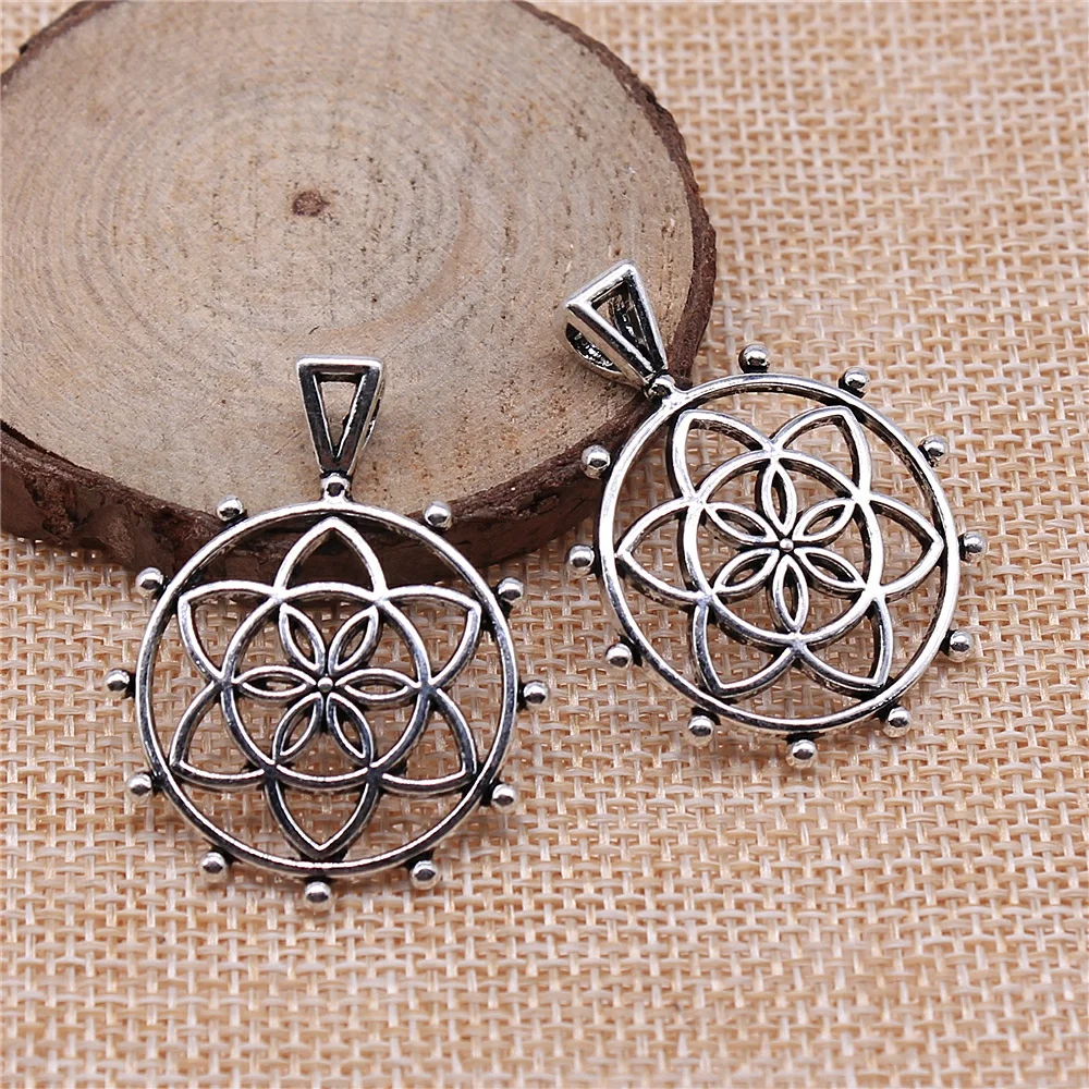 WYSIWYG 5pcs 39x30mm The Flower Of Life The Seed Of Life Charms For Jewelry Making Antique Silver Color Charms