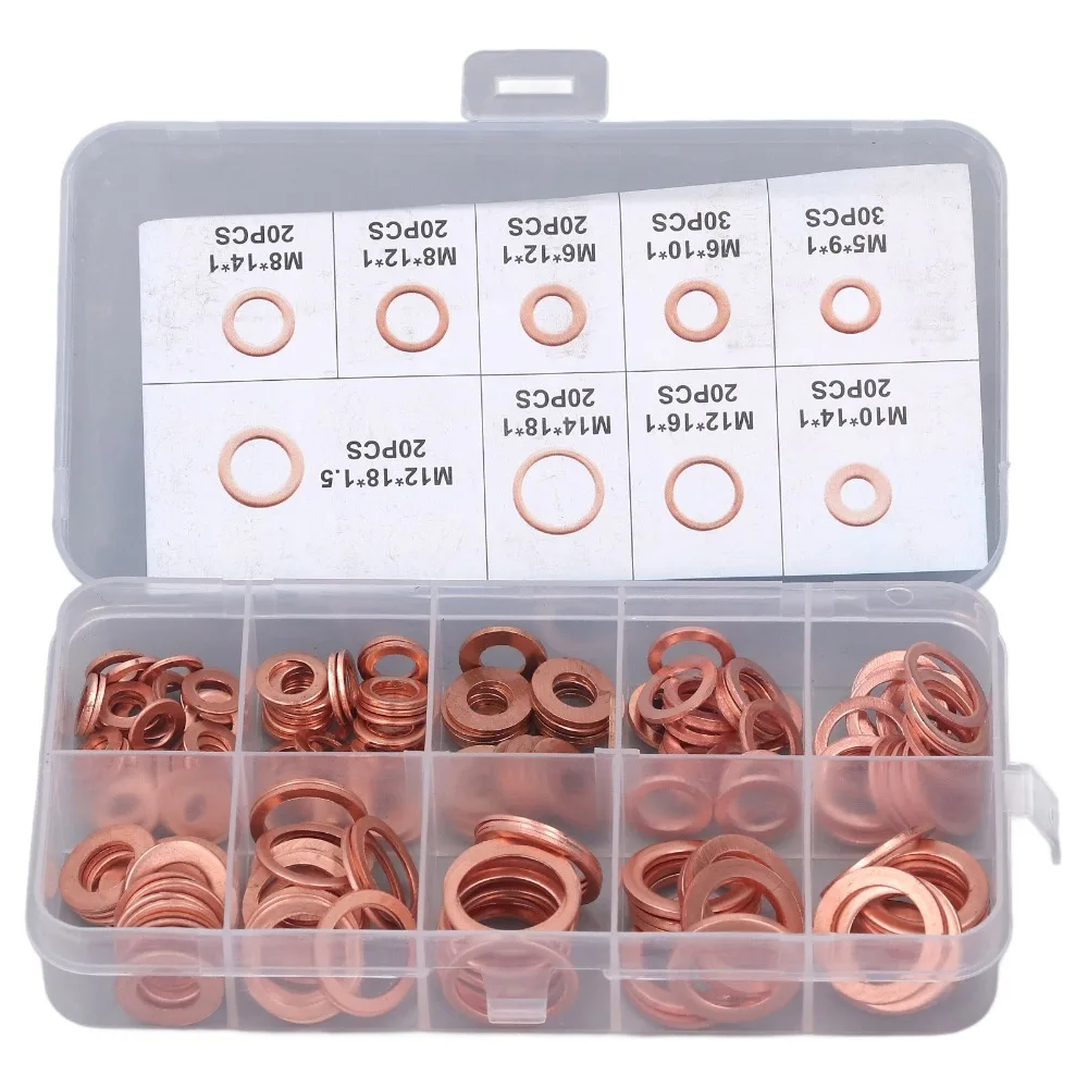 200PCS Universal Oil Drain Plug Gasket Durable Heavy Duty Copper Crush Washers Sealing Flat Washer Oil Plug Replacement