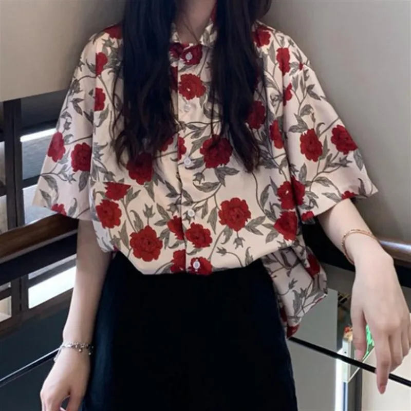 

Chiffon Blouse Women Summer Flower Print Vintage Clothes Female Harajuku Tops Y2k Women Hawaiian Blusa Feminina Camisas 블라우스