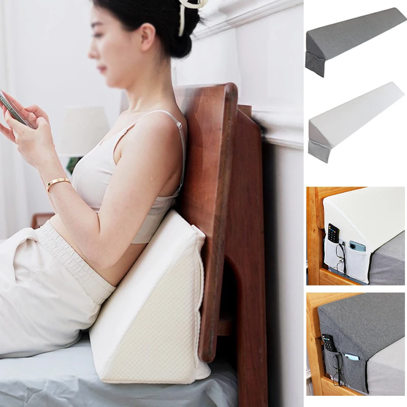 

Triangle Bed Wedge Pillow Headboard Foam Gap Filler with Storage Pockets Polyester Removable Cover for Modern Bedroom Decor