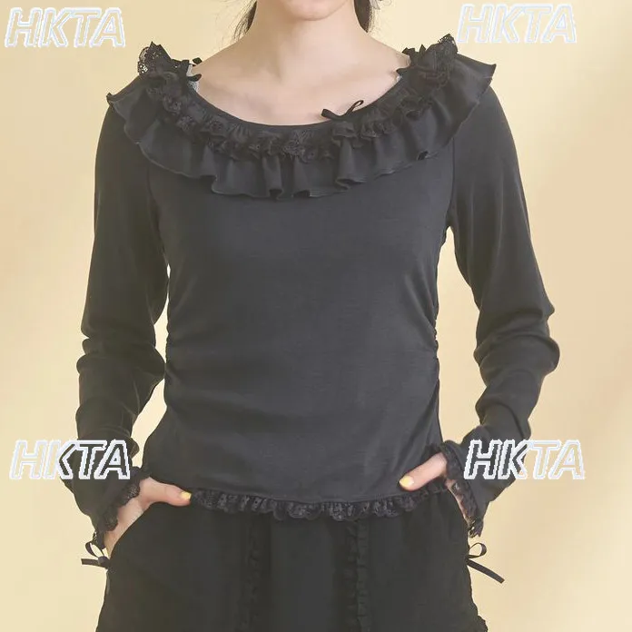 

Japanese Style Long Sleeve T-shirt 2026 Spring Summer Sweet Wave Ruffle Neckline Pullover Tshirt Women Slim Fit Black White Tops