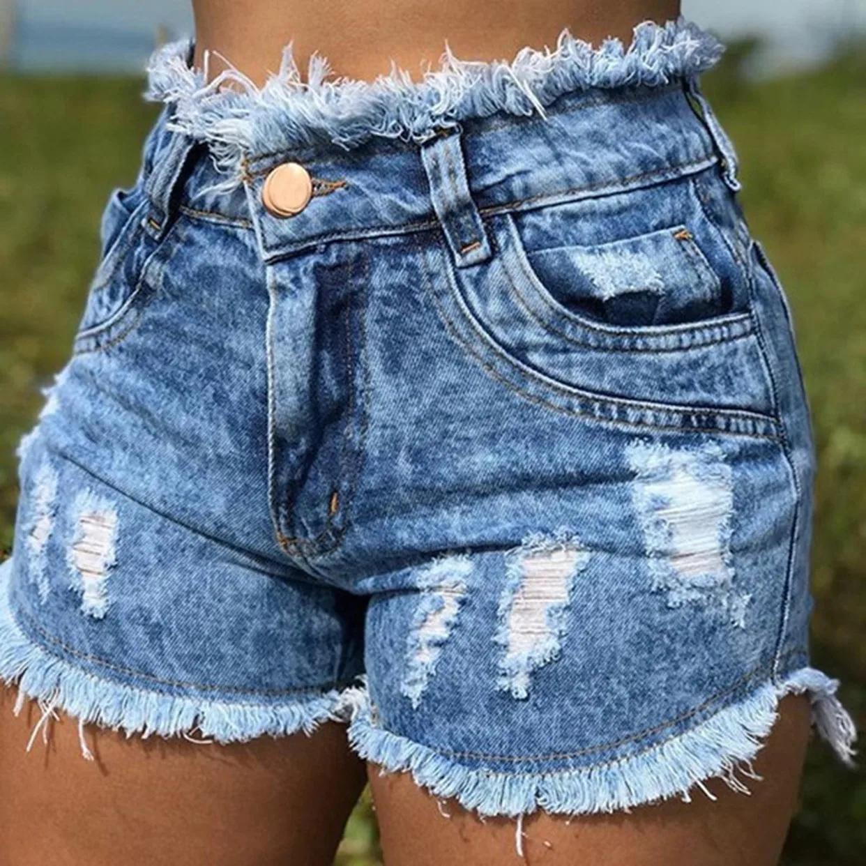 

Women's Distressed Fringe High-Waisted Denim Shorts Ripped Detail and Button Closure Stylish Casual Bottoms