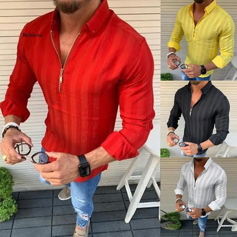 

New Trendy Shirt Solid Zipper Fashion Men's Slim Fit V Neck Long Sleeve Muscle Tee Tops Blouse Loose Casual Button Blouse
