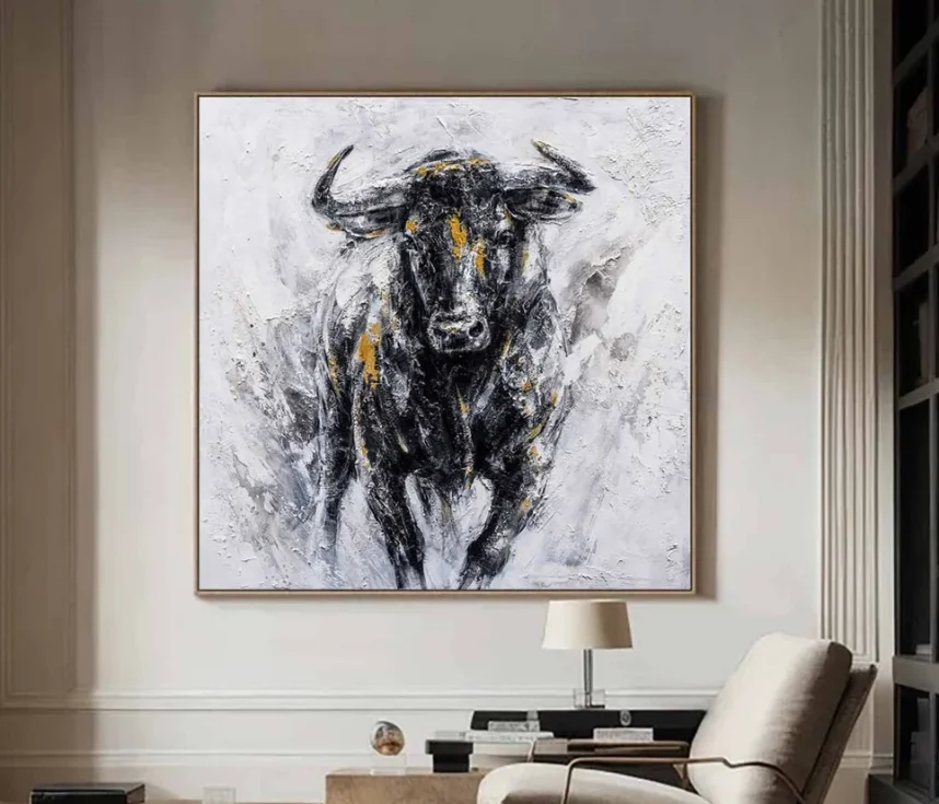 Thick Texture Bull Wall Art, Black White and Gold Abstract Animal Canvas Painting, Modern Luxury Living Room Decor