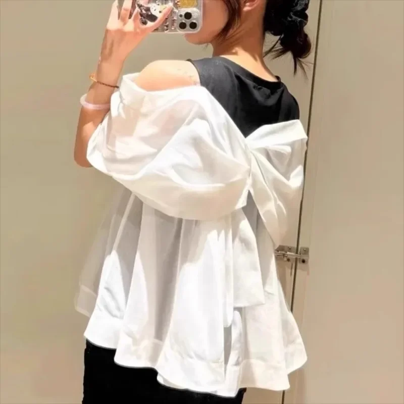 Hit Color Patchwork Bow Shirts & Blouses 2025 Woman Blusas Off Shoulder Ropa Mujer Fake Two Piece Camisas Kink Design Blusa