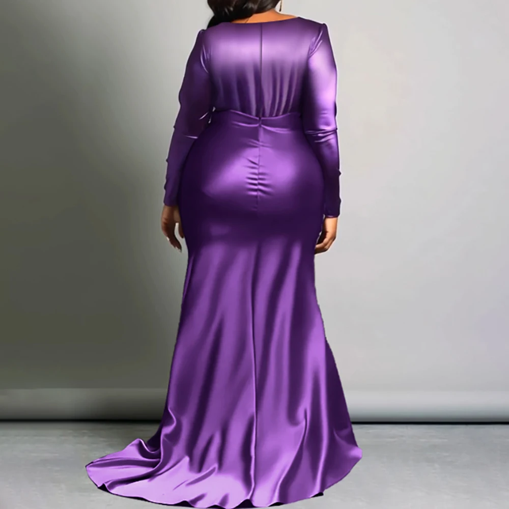 Abito da donna elegante taglie forti Solido scollo a V manica lunga vita alta abito da sera di lusso festa di nozze ospite abiti lunghi a coda di pesce