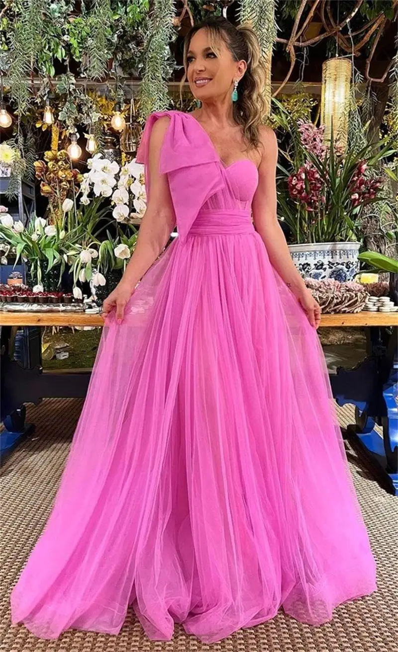 Pink Tulle Long Prom Dresses One Shoulder A-Line Floor Length Split Pleated Saudi Arabic Women Long Prom Party Dress