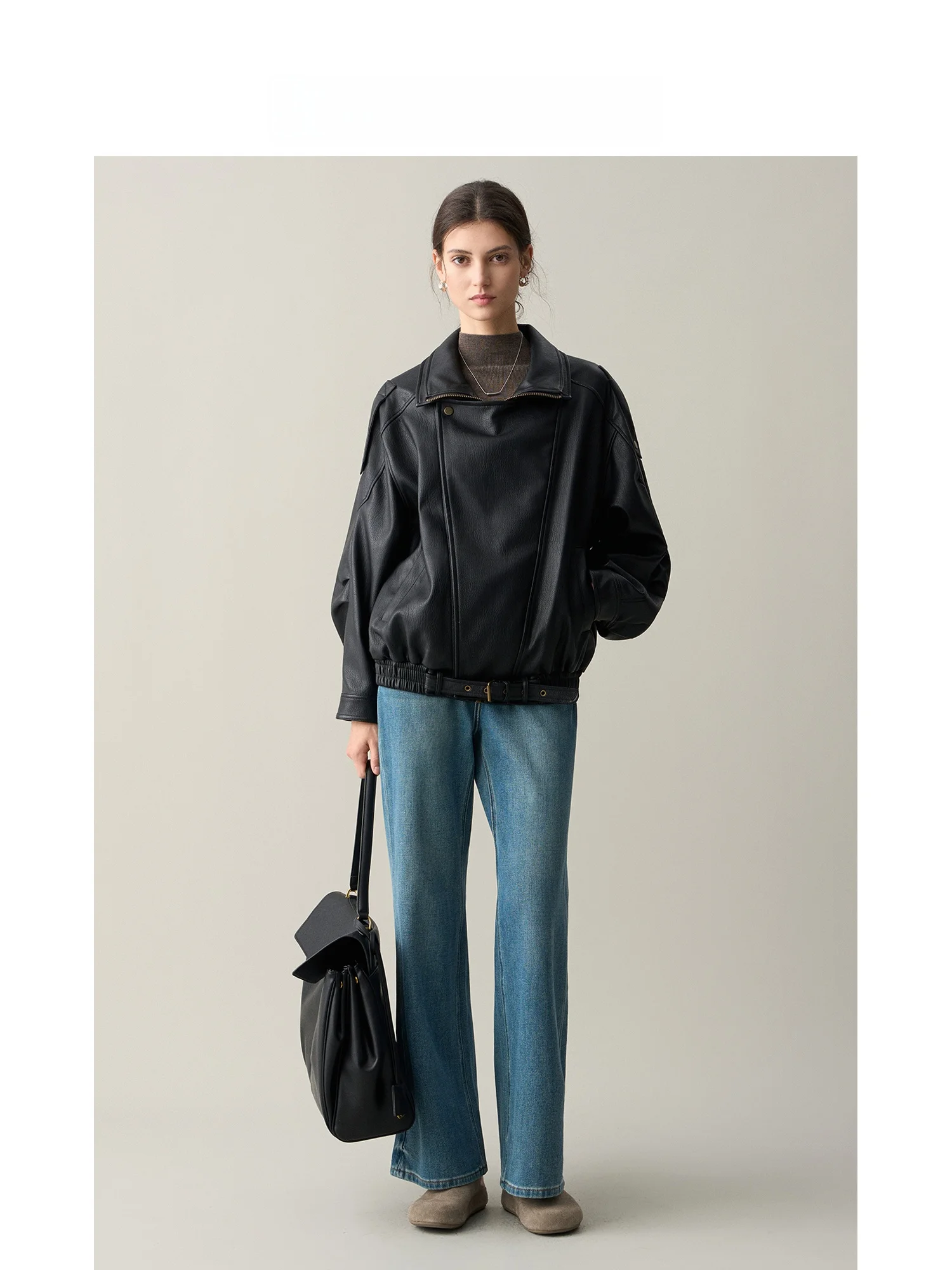 Ruiqia Jieji Modische Umweltfreundliche Lederjacke mit Doppelkragen und Schrägknopfverschluss, Farbige Retro-Arbeitsjacke für Damen