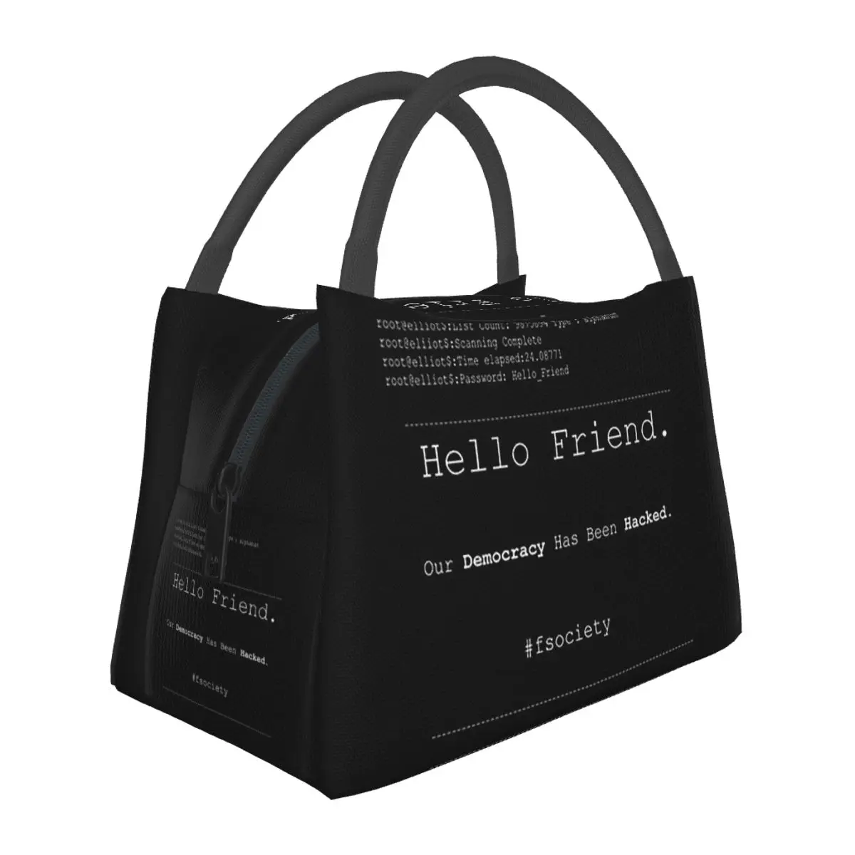 Mr Robot Hello Friend Fsociety Lightweight Handheld Insulated Lunch Bag Aluminum Foil Liner for Adults Students Travel Picnic
