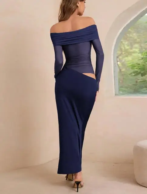 

Womens Dresses 2025 Spring Autumn New Solid Color Elegant Off Shoulder Long Sleeved Mesh Patchwork Sexy Perspective Long Dress