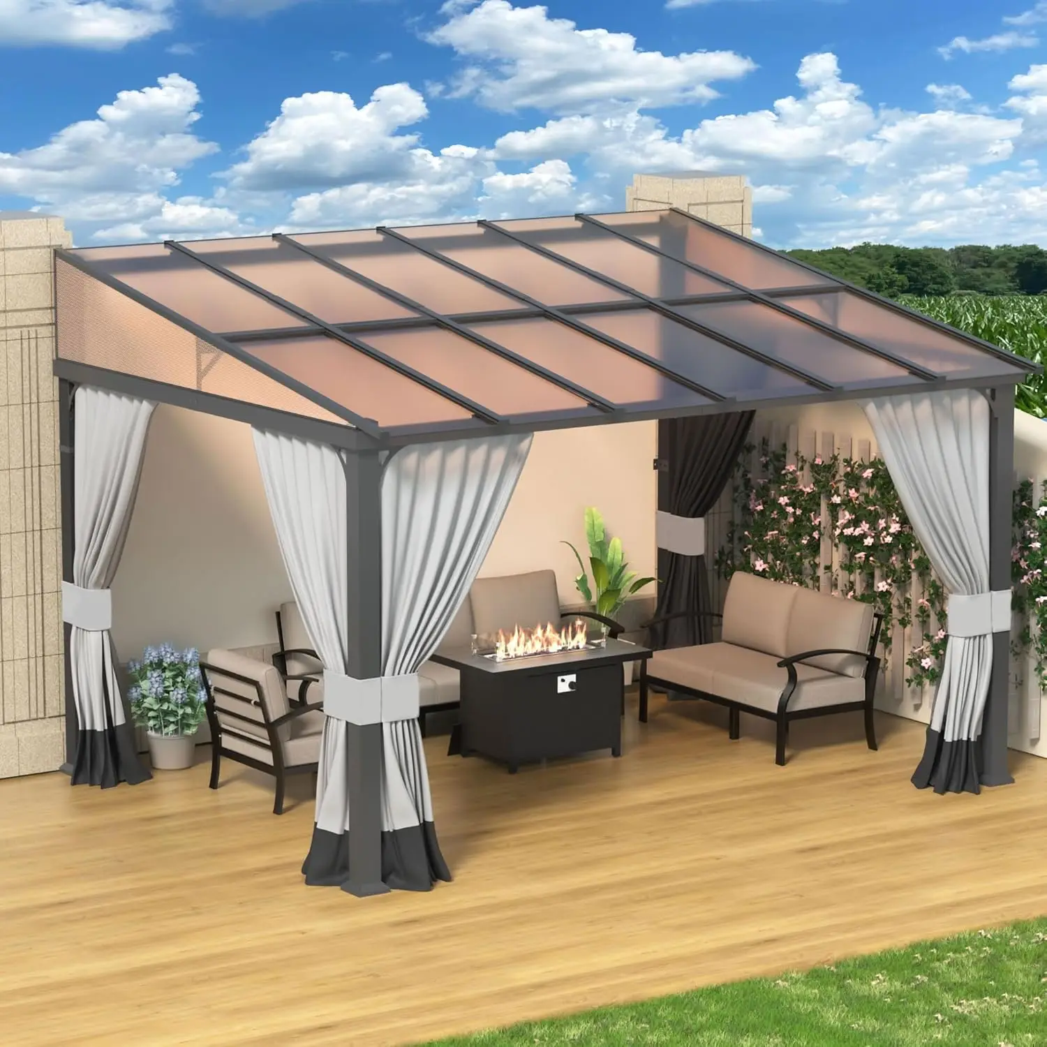 

10' x 12' Gazebo，Hard Top Lean to Gazebo Wall Mount Heavy Hardtop Gazebo Outdoor Pergola with Curtains and Netting for Patio