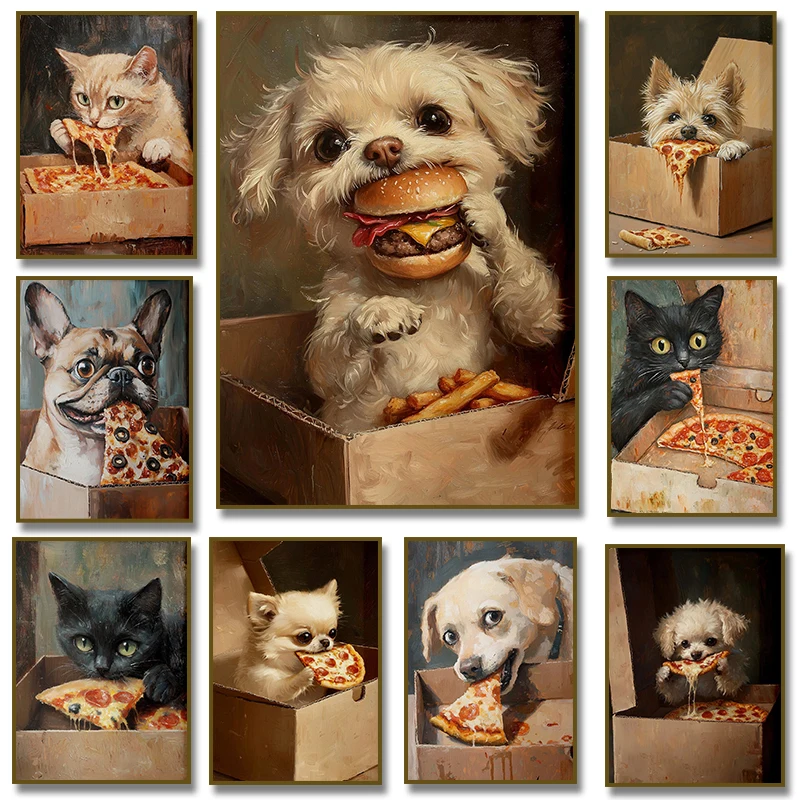 Cute Cat Dog Eating Pizza  Burger Poster Art Print, Funny Canvas Painting Wall Art Picture for Living Room Home Decoration