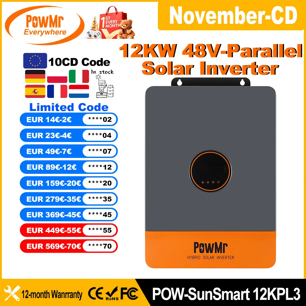 PowMr 12KW 48V Ibrido a fase divisa solare invertito V/380V/V 1 e uscita trifase Doppio MPPT 260A PV 800V Può parallela e risoluzione del tempo