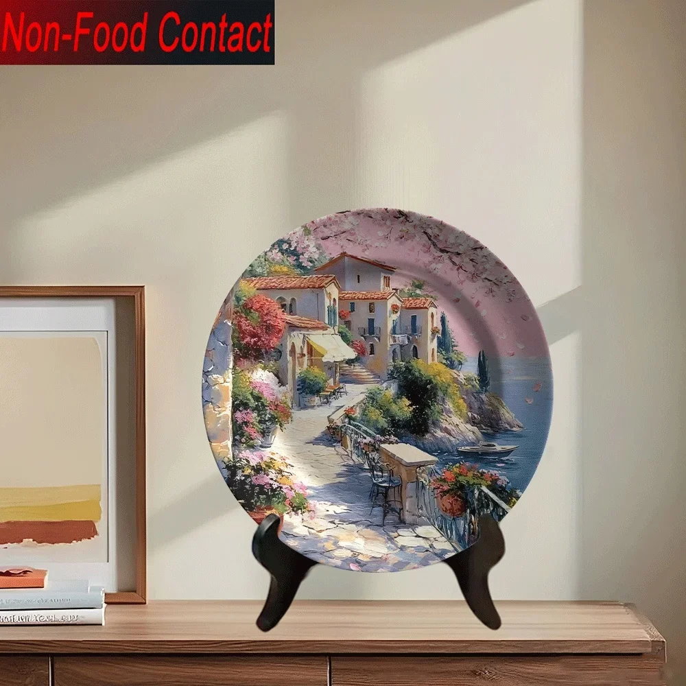 1pc Mediterranean Coastal Ceramic Decorative Plate - Non-Food Contact Tabletop Art with Floral & Mediterranean Village Scene,