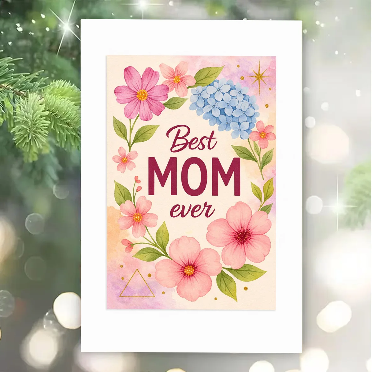 1pc with pink blue flowers and green leaves as decorative elements, suitable for giving to mother, Mother's Day greeting card