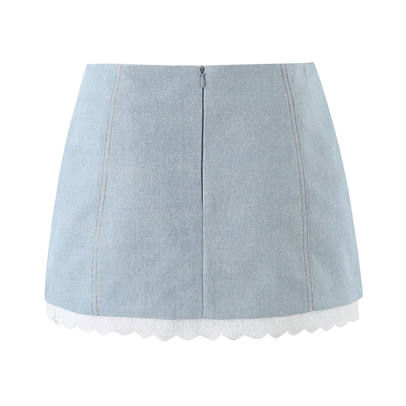 YENKYE  New Women Light Blue Denim Mini Skirt Lace Patchwork High Waist  A-line Casual Skirts
