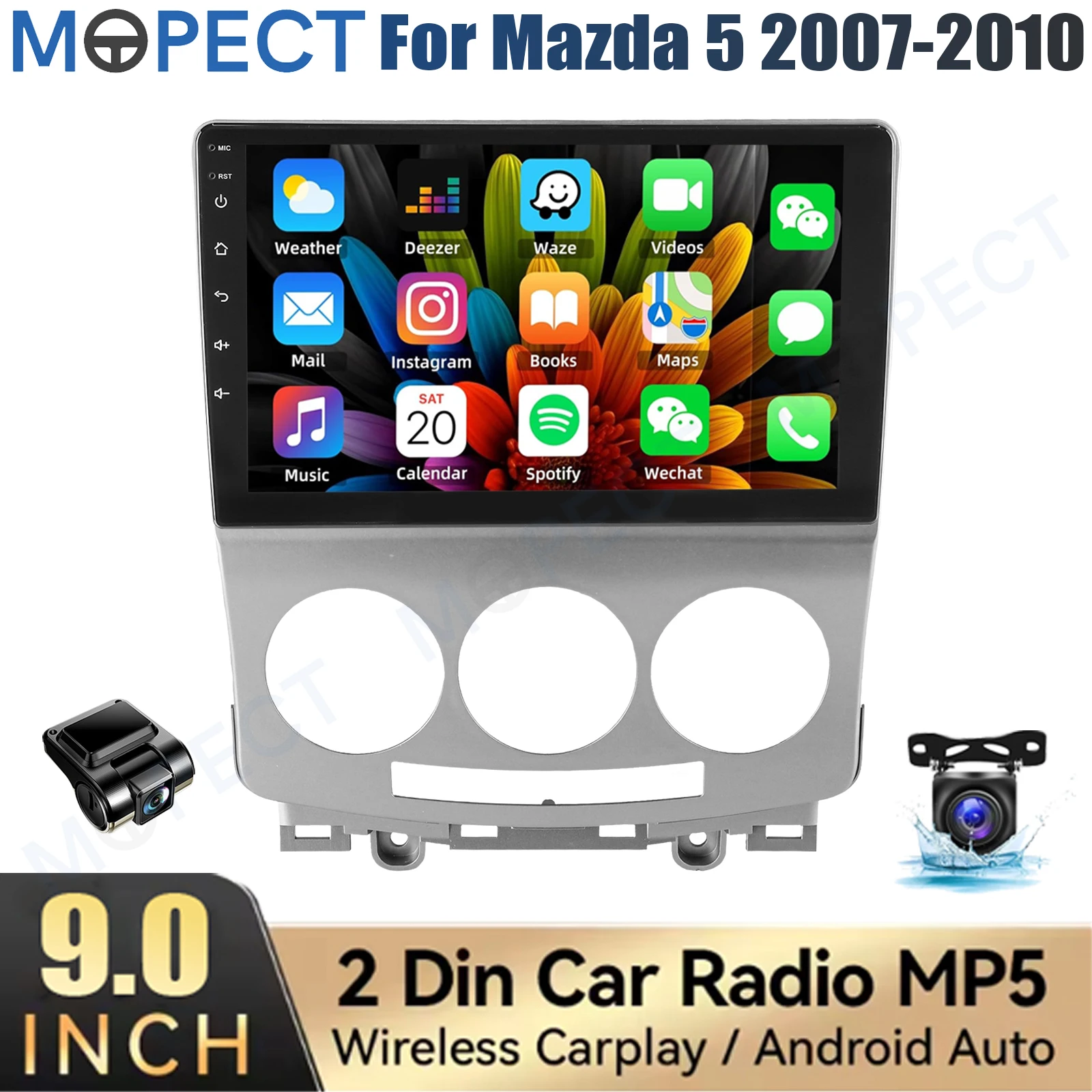 MOPECT Autoradio Android 15 da 9 pollici con CarPlay per Mazda 5 2007-2010, 4+64GB, AM/FM, GPS, Navi, SWC, Bluetooth, DAB, DVR e Telecamera