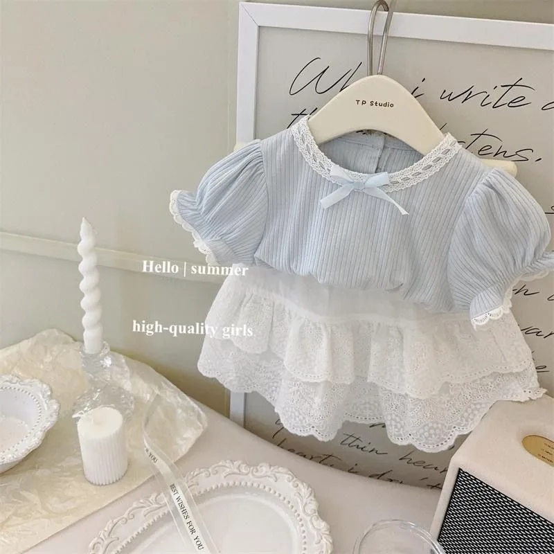 

Girls' Summer Set 2025 Cream Blue Lace Princess Top Short Sleeve Ballet Lace Short Skirt Baby Girls' Summer Set