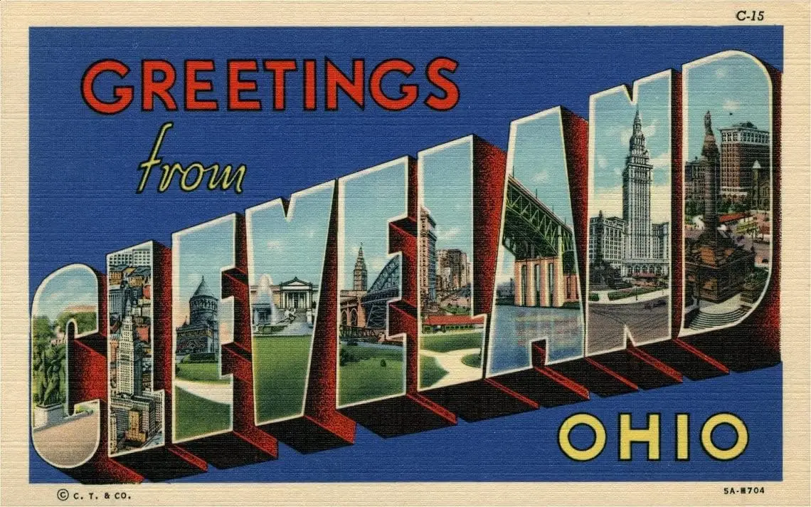 Muroanmi Retro Metal Tin Signs Vintage Postcard, Greetings from Cleveland, Ohio, Large Letter, Ca 1950 Cave Bar Home Wall Decora