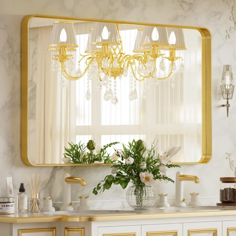 Bathroom Mirror 24x32 inch, Gold Gorgeous Deep Frame Wall Mirror, Modern Round Corner Bathroom Vanity Mirror for Bedroom