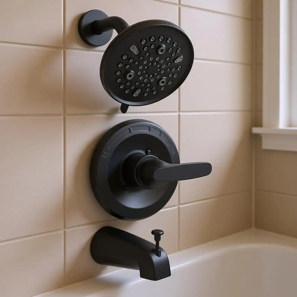 Setting Rain Shower Trim Kit Compatible with 13/14 Series, High Pressure 5.5 Round Rain Shower & Tub Handle Set, Matte Black