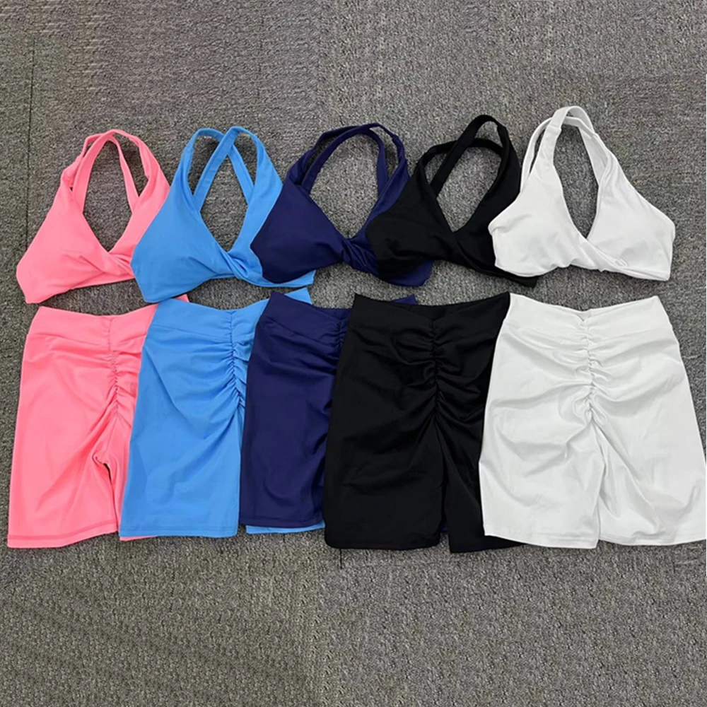 2 pezzi Pad Twist Reggiseno Crop Top Donna Palestra Yoga Set Sport Gym Scrunch V Back Leggings fitness Allenamento Pantalone Tute attive XP310