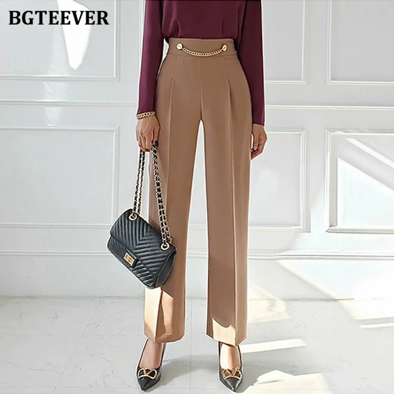 

BGTEEVER Elegant High Waist Chain Suit Pants Women Fashion Summer Pants for Women Pockets Office Ladies Trousers