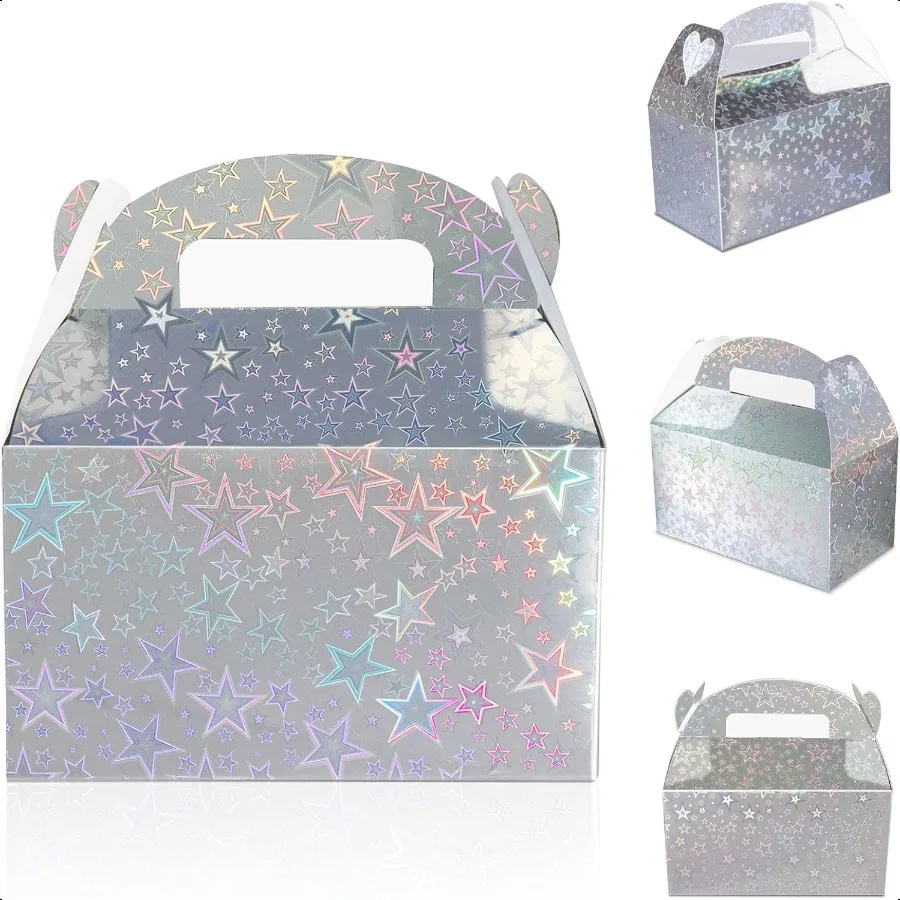 

Iridescent Star Party Favor Treat Box 24pcs Holographic Gable Boxes for Candy Snacks Gifts Shiny Goodie Boxes for Birthday part
