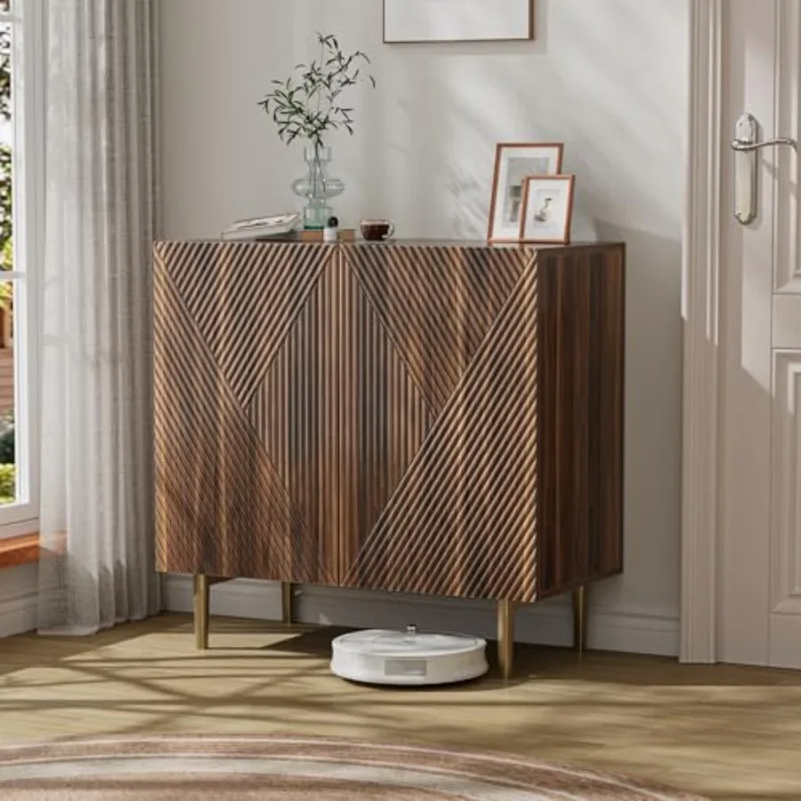 Fluted Storage Cabinet 31.5 Buffet Cabinet for Kitchen Living Room Hallway Entryway; Walnut Wood; Warm Walnut Finish; Mid Centu
