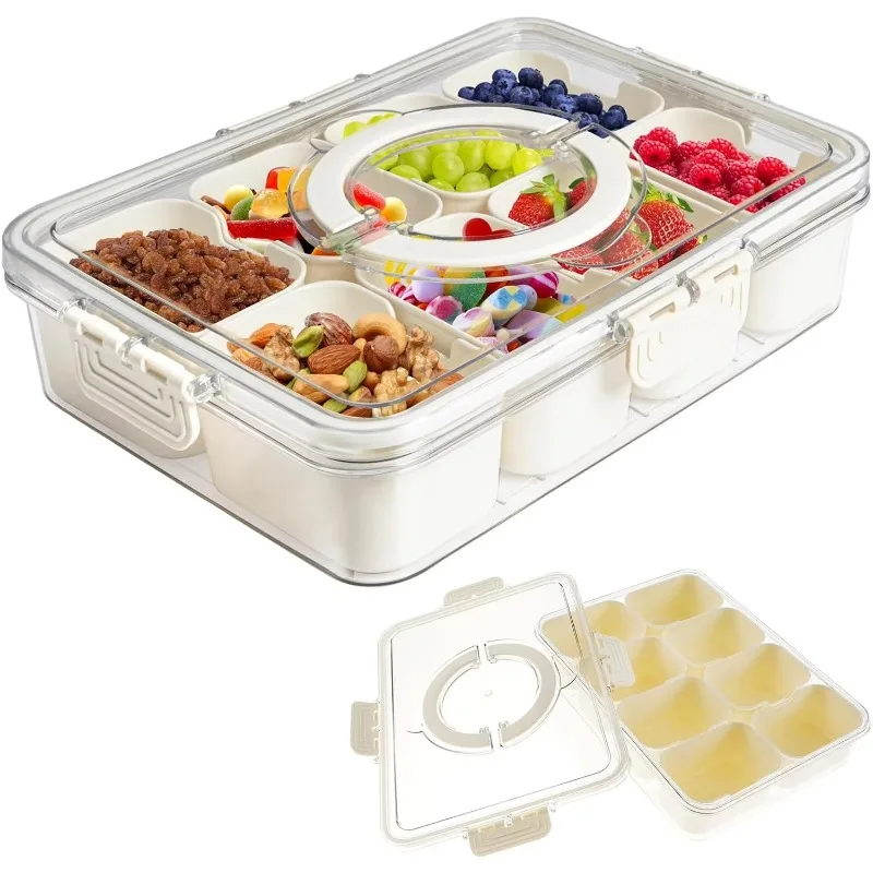 Kitchen Plastic PET 8 Compartments Divided Serving Tray Box PP Portable Snack Fruit Food Storage Container with Lid and Handle