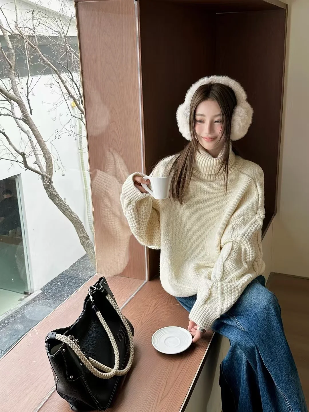 

Sli White Knitted Sweater Women's Autumn Winter Loose High Collar Overhead Vintage Outerwear Comfortable Warmth Long Sve