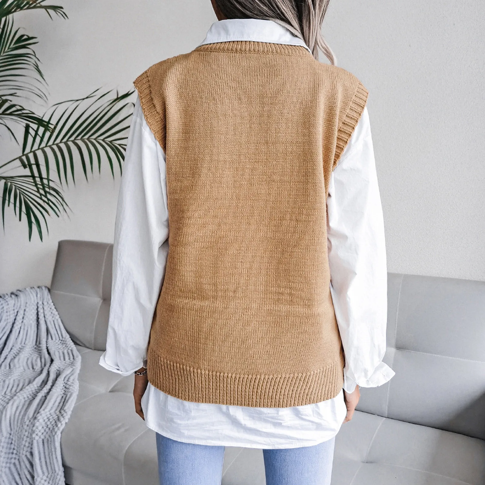 Women'S Autumn And Winter Solid Color Sweater Vest Fashion Retro Geometric Pattern Round Neck Sleeveless Pullover Knitted