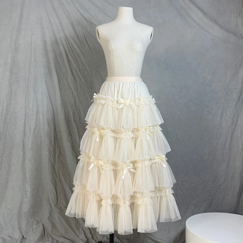 

Sweet Lolita Style Lace Ruffles Mesh Bow Ball Gown Princess Cake Skirt Women Luxury Stage Performance Evening Party Tulle Skirt