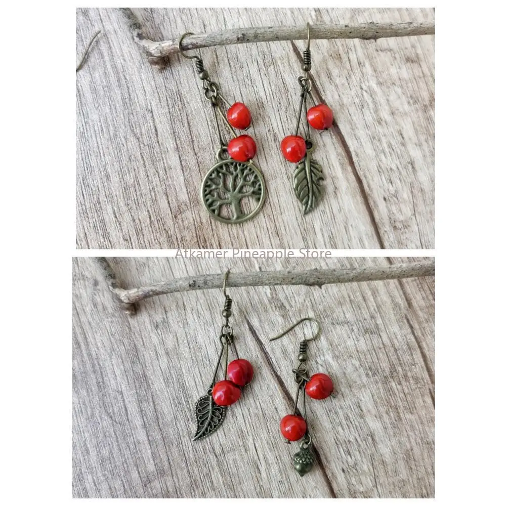 

Pure natural acacia beans, red beans, bronze leaves, creative retro red festive retro Chinese style earrings, earrings for women
