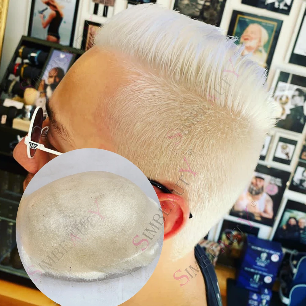 

Natural Hairline 60r#1B80 Grey White Blonde 80%Density Super Thin 0.02mm Skin Invisible Men Toupee HumanHair Capillary Prosthesi