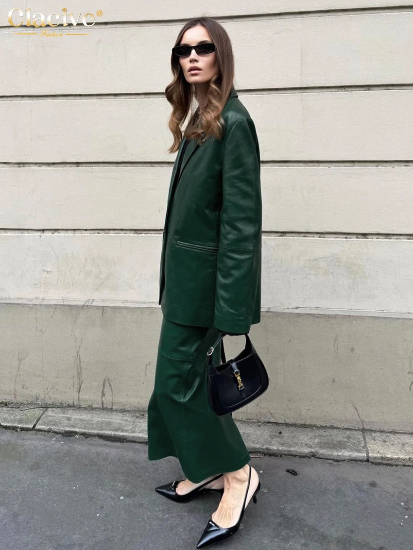 Clacive Fashion Loose Green Pu Leather 2 Piece Sets Women Outfit 2025 Elegant Long Sleeve Blazer With High Waist Long Skirt Set