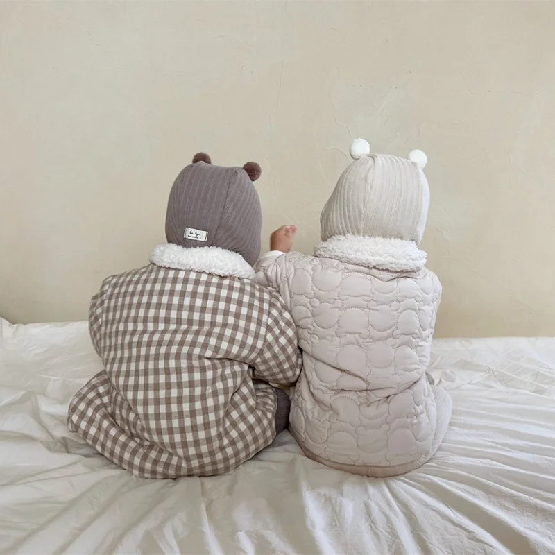 Turn Down Collar Pocket Wool Thicken Warm Down Cardigan Outwear Plaid Clothes 0-3Years Cute Newborn Baby Boy Girl Winter Coat