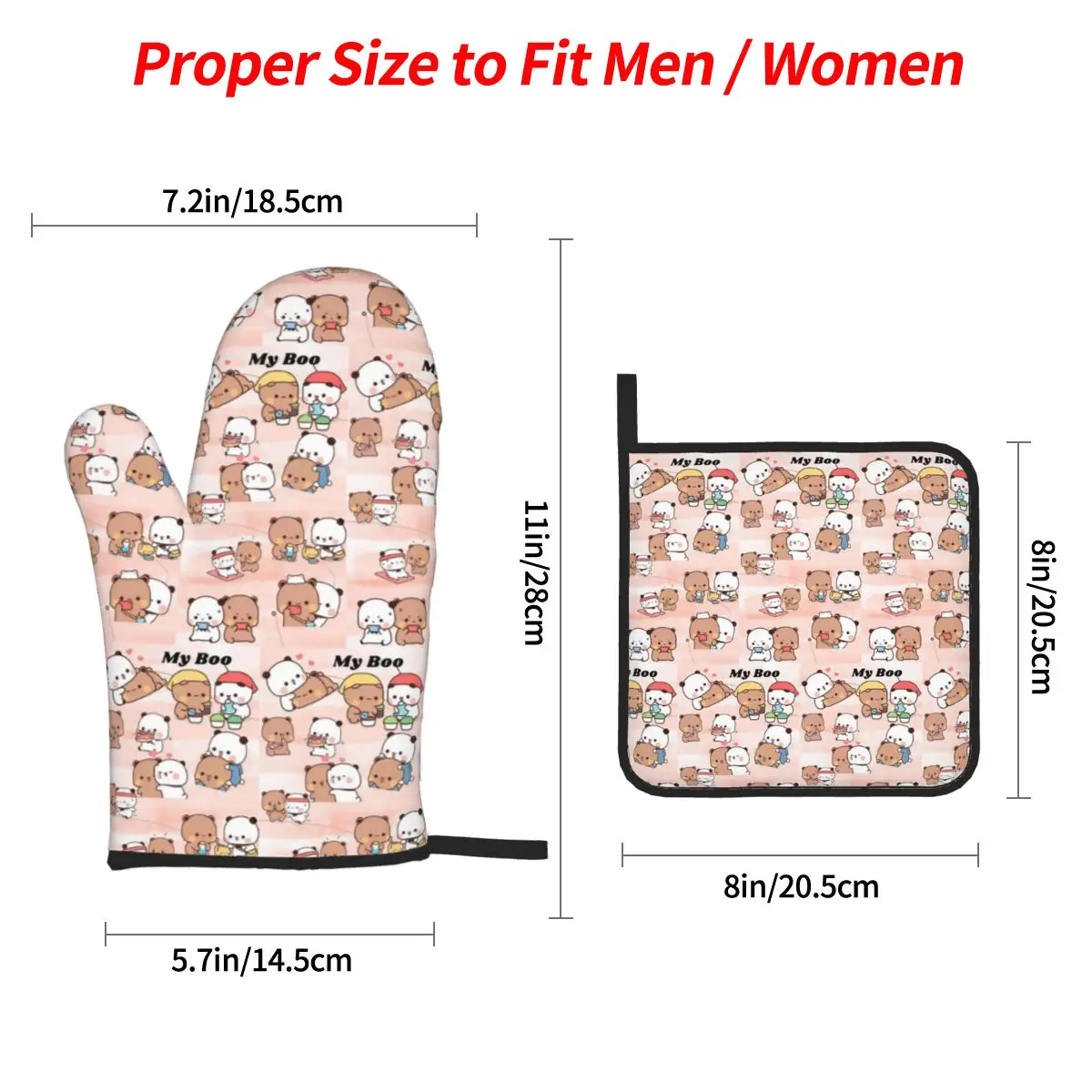 Bubu Dudu Panda Bears Cartoon Oven Mitts and Pot Holder Sets of 4 for Baking Kitchen Cooking BBQ Resistant Non-Slip Gloves
