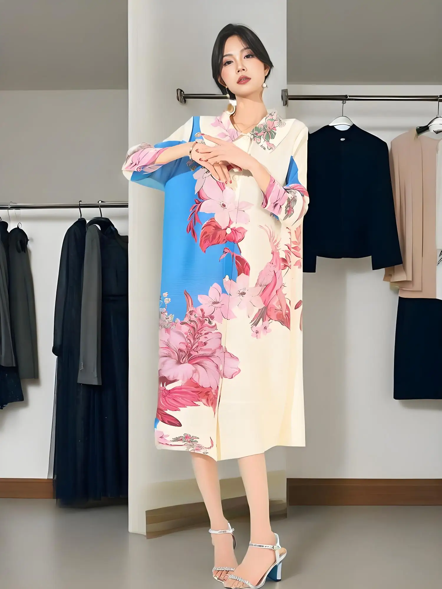 

Miyake's New Spring and Summer Pleated Print Medium and Long Dress Fashionable Loose Lapel Buckle Outer Wear Medium and Long Top