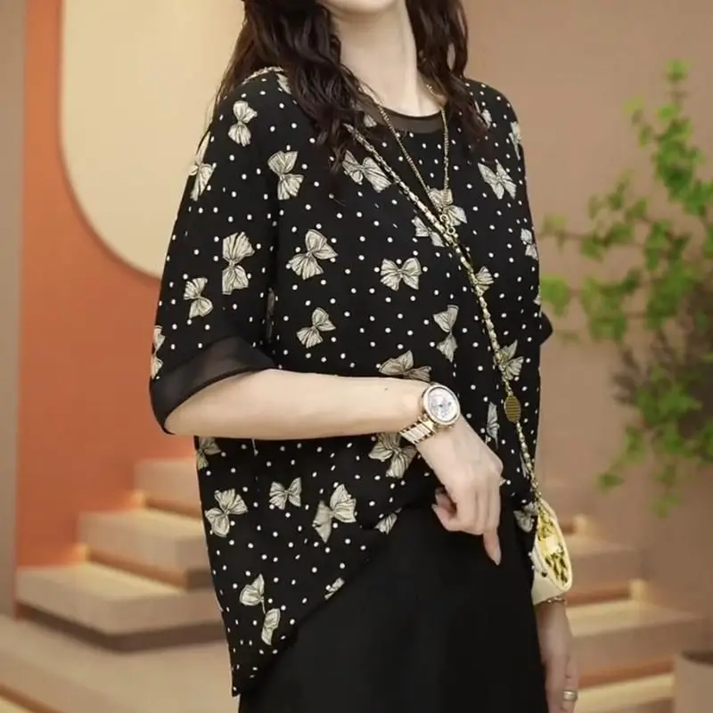 Pulls col rond en mousseline de soie pour femmes, col rond, gaze épissée imprimée, demi-manche, pois, bouton Piedmont, coréen, été, nouveau, 2024