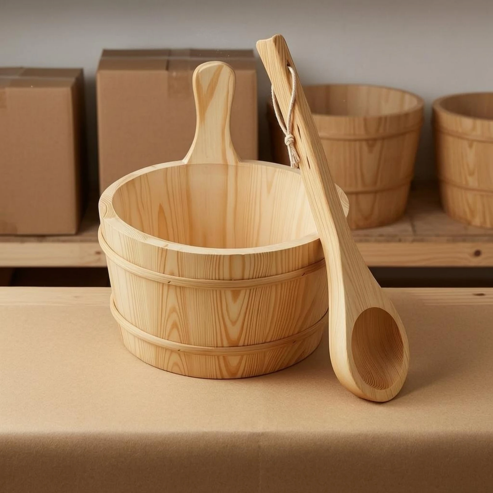 Wooden Sauna Pail Round Sauna Pail and Ladle Wooden Ladle Set Vertical Staves Bath Accessory Horizontal Bands
