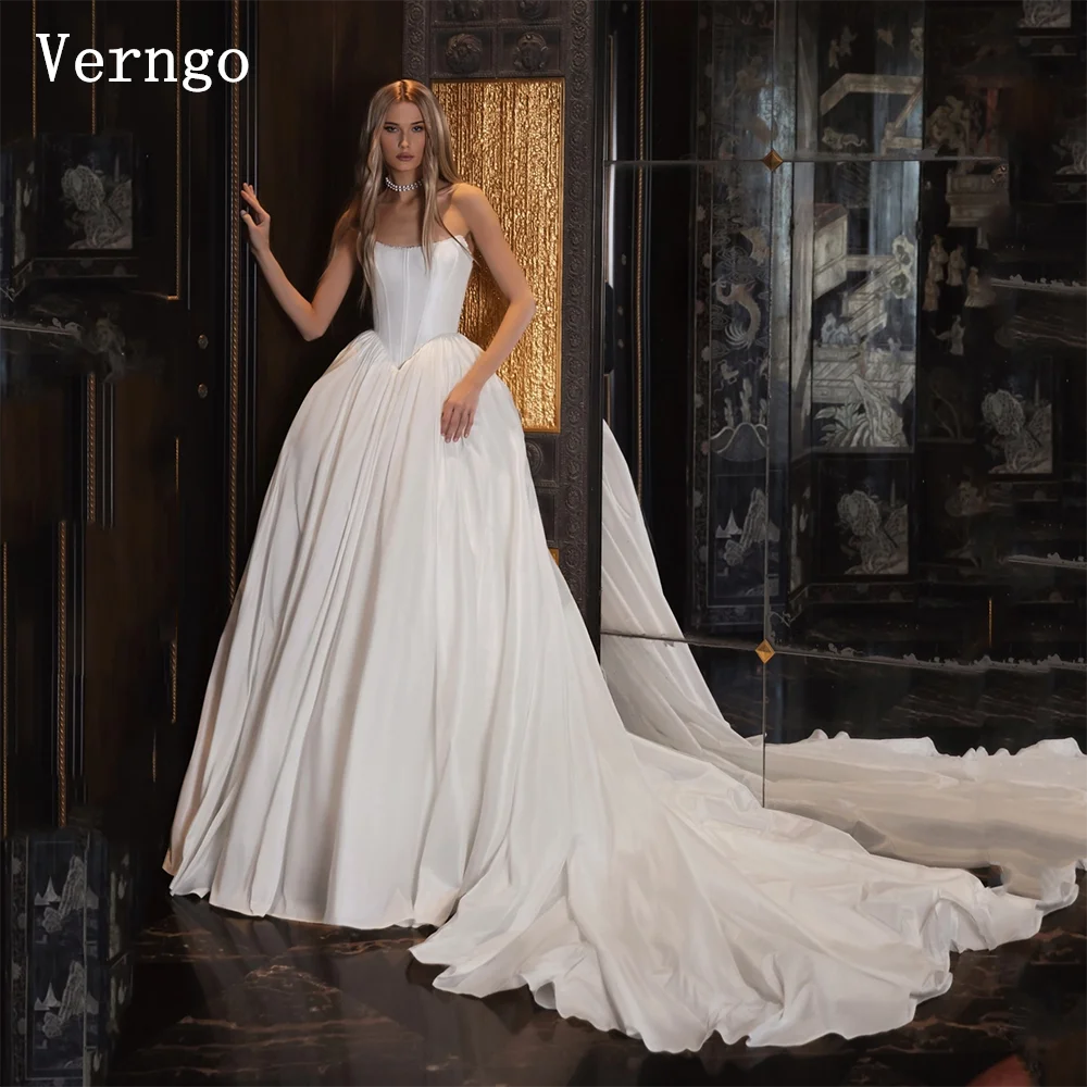 

Verngo lvory Satin Wedding Dress Strapless Bone A Line Bridal Gowns Sweap Train Elegant Simple Royal Bride Dresses Customized