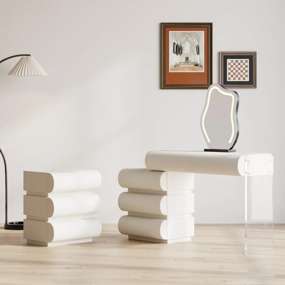 White Vanity & Nightstand Set with LED Mirror & Wireless Charging, PU Leather Bedroom Furniture, Customized