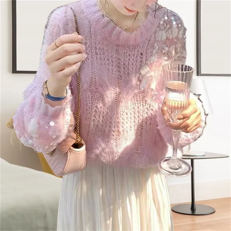 Stylish Solid Color Spliced Sequined Asymmetrical Sweater Female Clothing 2022 Autumn New Casual Pullovers All-match Sweet Tops