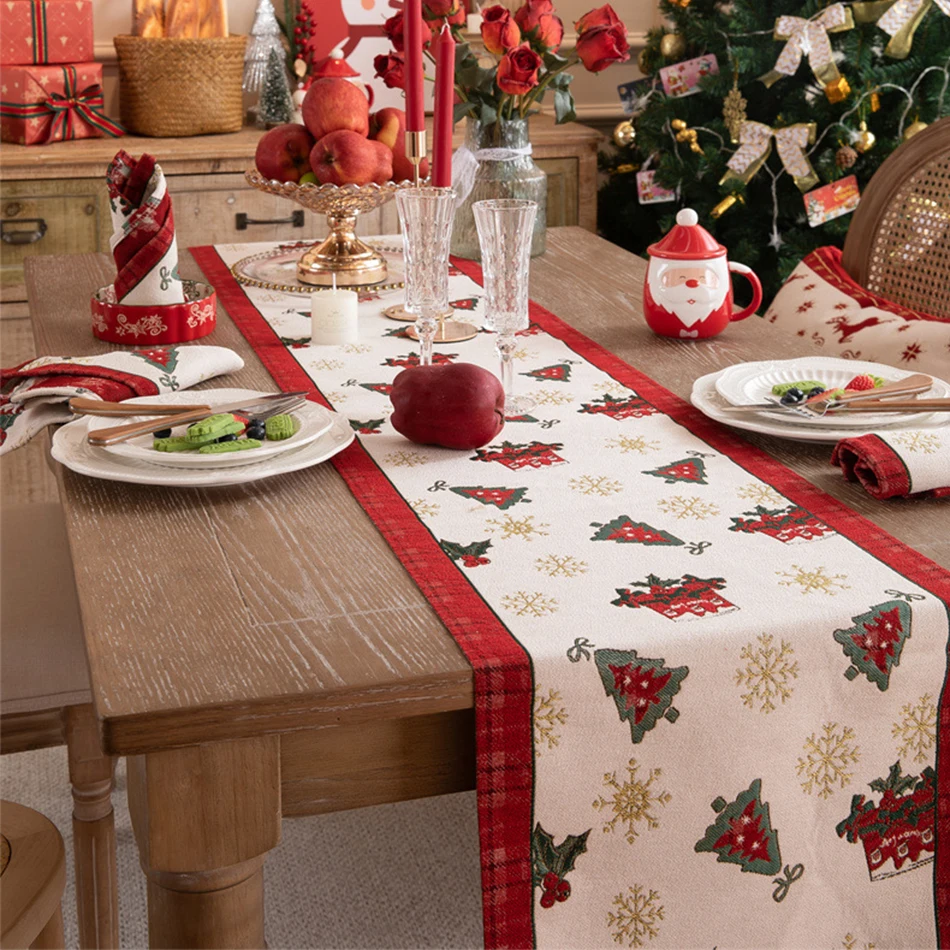 Christmas Chenille Tassel Table Runner Thicken Fabric Christmas Tree Picture,for Dining Room Party Festival New YearDecor