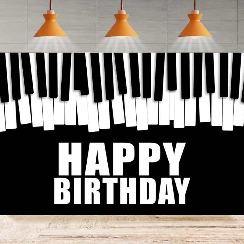 

Piano Happy Birthday Banner Photography Backdrop Musical Notes Keys And Piano Keyboard Theme Decor For Music Party Background