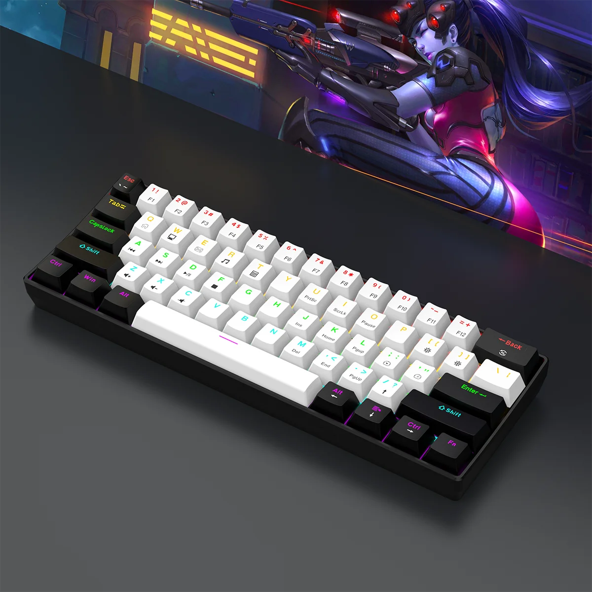 61-Key Wired White and Black Waterproof Keyboard, RGB Illuminated Game and Office Kit, PUBG gamer LED Keyboard, Home Office Game