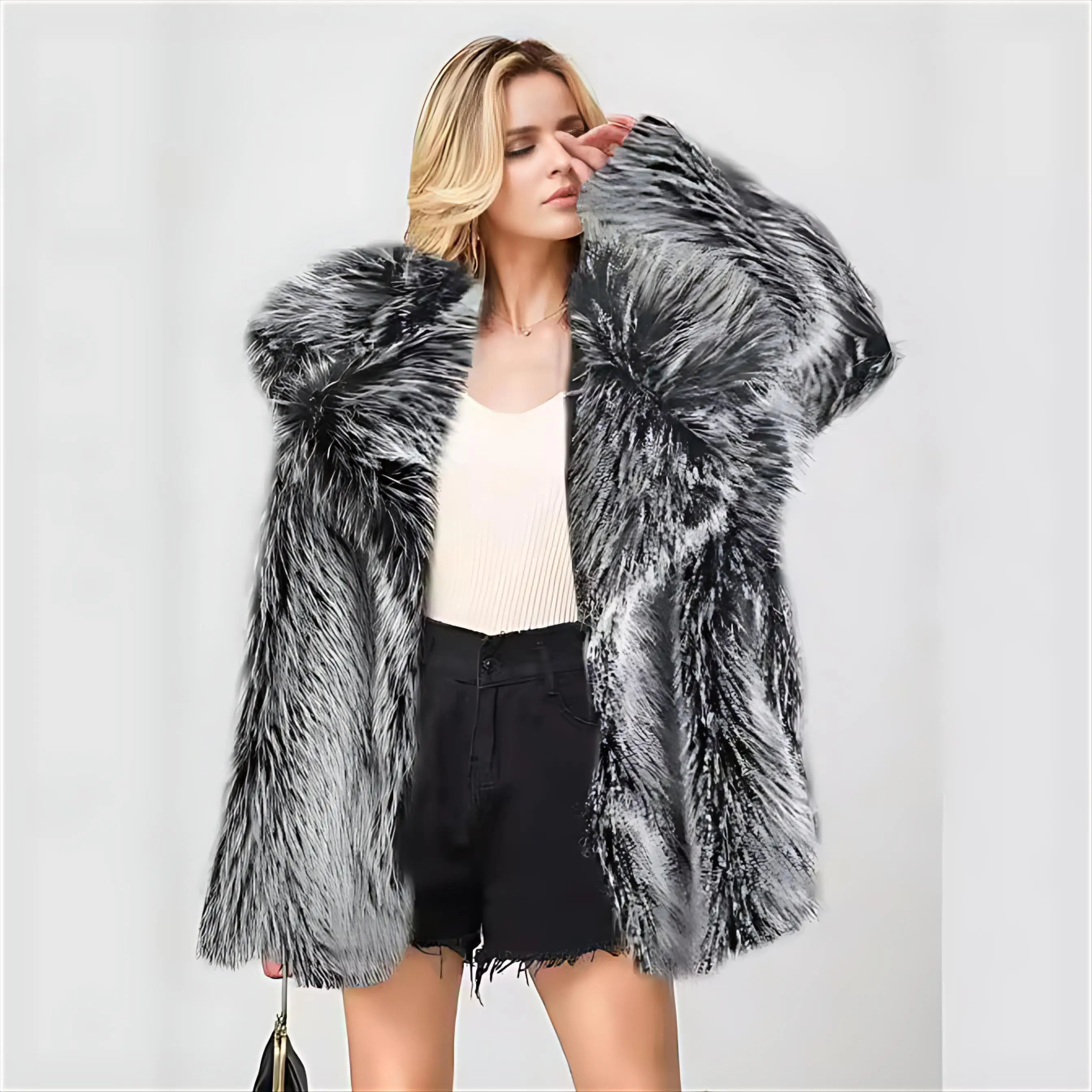 フェイクファー ジャケット コート レディース ラブリー ストレート ワーク マザー レトロ カラーレス パッチ カジュアル 膝丈 隠しポケット スタンドネック OL