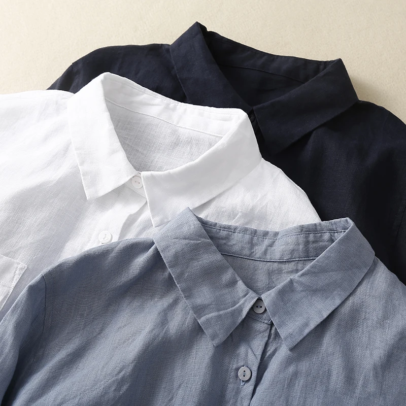 가을용 면 린넨 칼라 싱글 버튼 롱 슬리브 루즈핏 중간 길이 단색 다용도 여성용 프리...